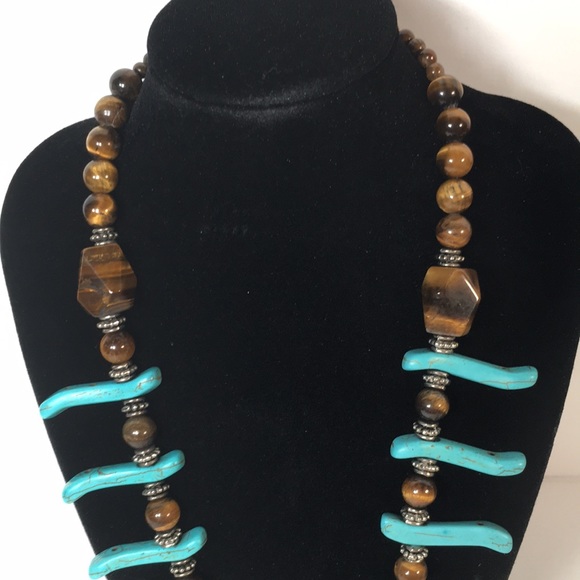 Beautiful Turquoise Colored Howlite and Tiger Eye Beaded Necklace for Women - Picture 3 of 7